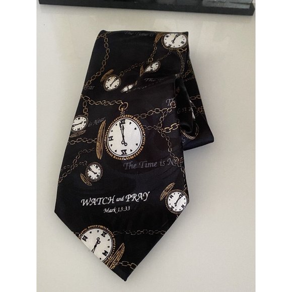 Appointed Apparel Watch and Pray Black Gold Christian Silk Tie Vintage 4" x 59" - Picture 8 of 16